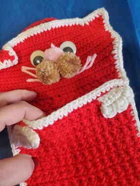 Handmade Crochet Cat Stocking Square Red